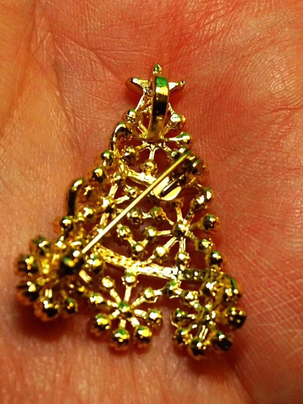 Delicate Crystal and Gold tone Christmas Tree Pin Brooch